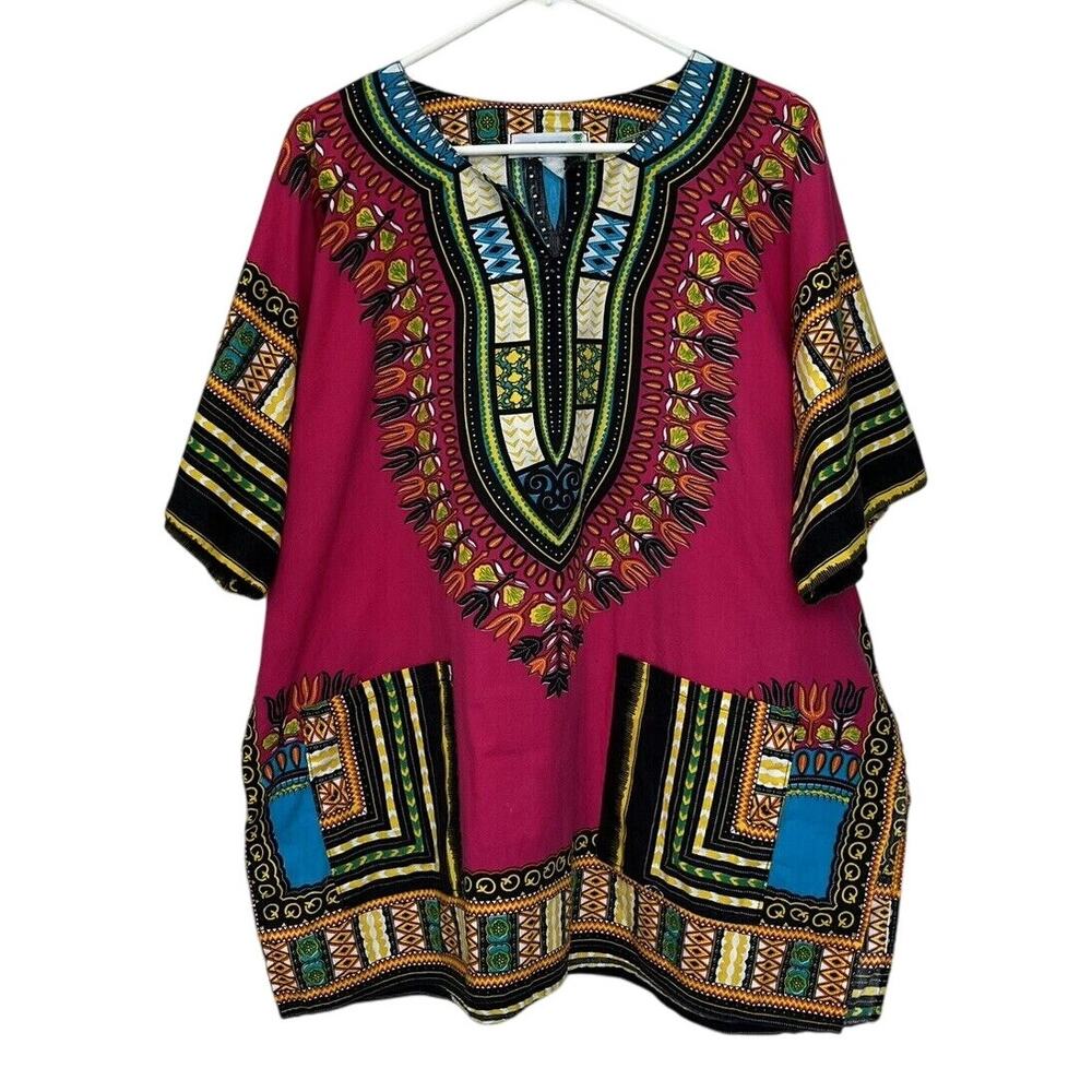 Fun Wear | Vintage African Tribal Dashiki Size XL Pink Unisex Colorful Pockets